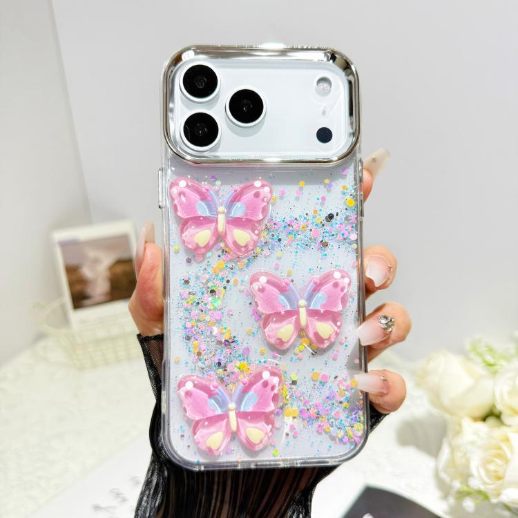 For iPhone 17 Pro Max Glitter 3D Butterfly Epoxy Resin Phone Case(Pink)