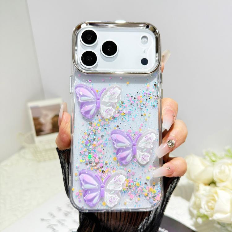 For iPhone 17 Pro Max Glitter 3D Butterfly Epoxy Resin Phone Case(Purple)