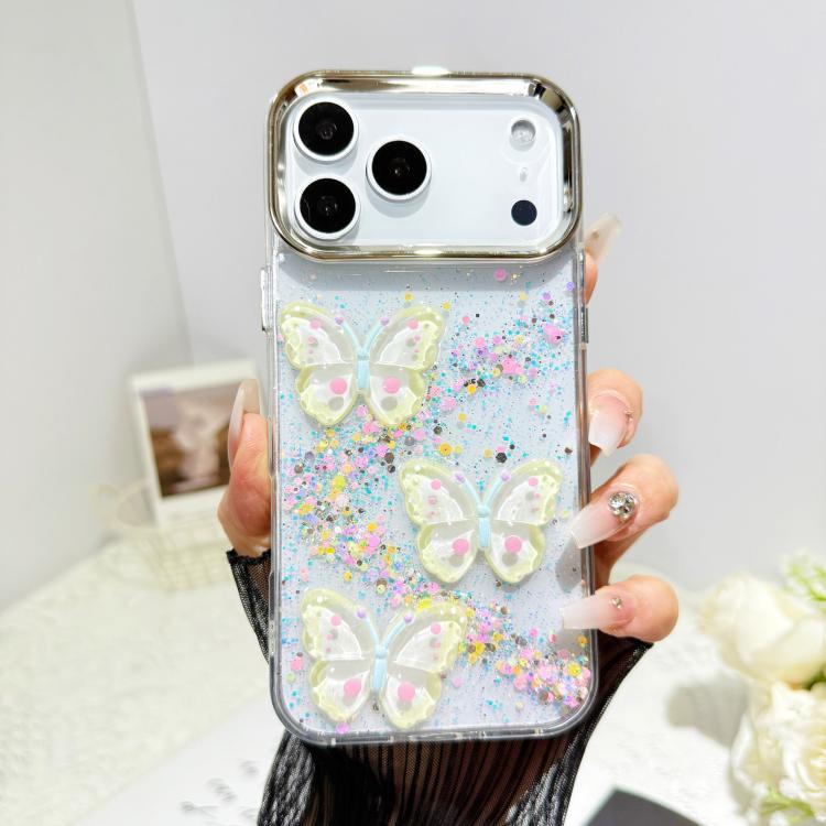 For iPhone 17 Pro Max Glitter 3D Butterfly Epoxy Resin Phone Case(Yellow)