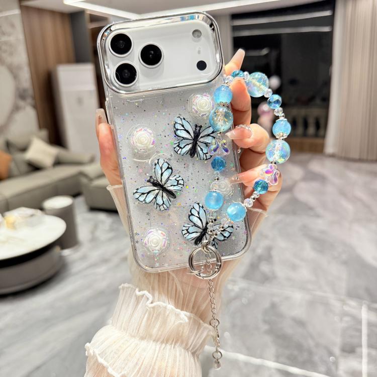 For iPhone 17 Pro Max Glitter 3D Butterfly Glitter Epoxy TPU Phone Case with Bracelet Chain(Blue)
