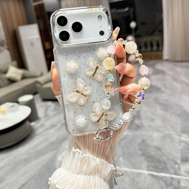 For iPhone 17 Pro Max Glitter 3D Butterfly Glitter Epoxy TPU Phone Case with Bracelet Chain(Gold)
