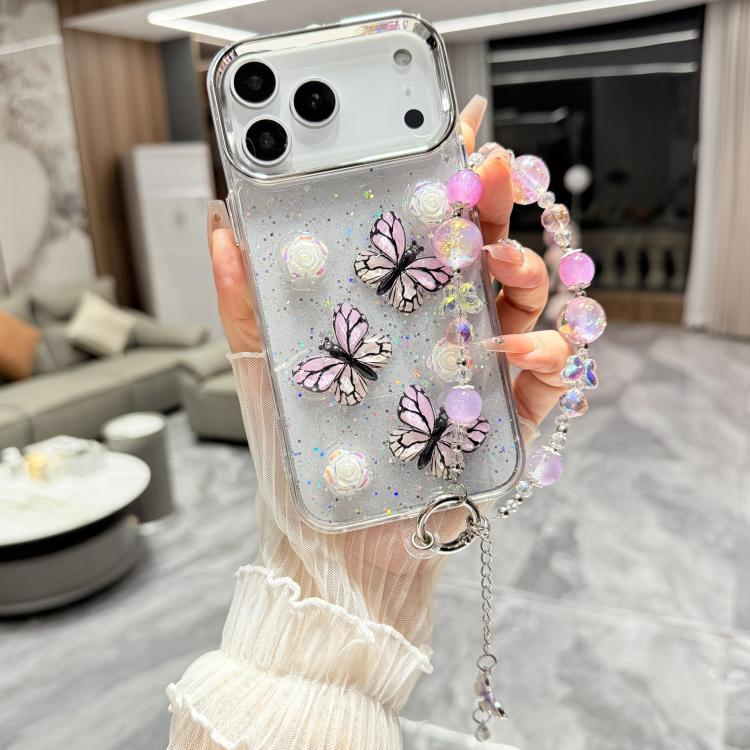 For iPhone 17 Pro Max Glitter 3D Butterfly Glitter Epoxy TPU Phone Case with Bracelet Chain(Pink)