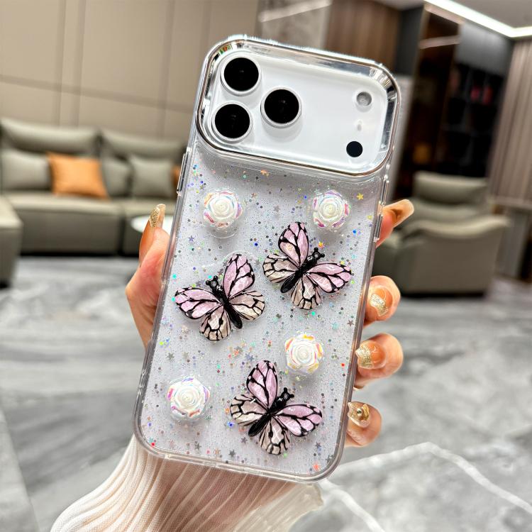 For iPhone 17 Pro Max Glitter 3D Butterfly TPU Phone Case(Pink)