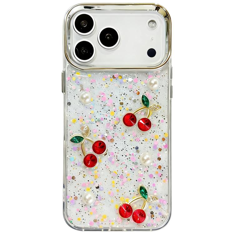 For iPhone 17 Pro Max Glitter 3D Cherry Epoxy Resin Phone Case(Cherry Pearl)
