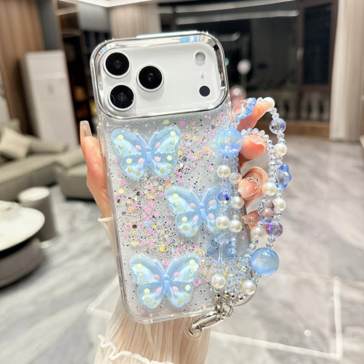 For iPhone 17 Pro Max Glitter 3D Color Butterfly Epoxy TPU Phone Case with Bracelet Chain(Blue)