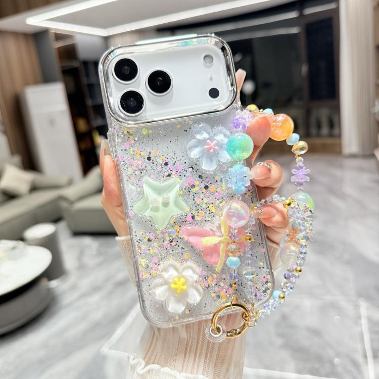 For iPhone 17 Pro Max Glitter 3D Color Butterfly Epoxy TPU Phone Case with Bracelet Chain(Green)