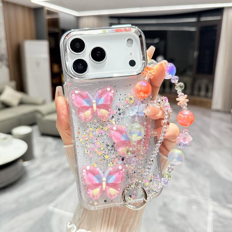 For iPhone 17 Pro Max Glitter 3D Color Butterfly Epoxy TPU Phone Case with Bracelet Chain(Pink)