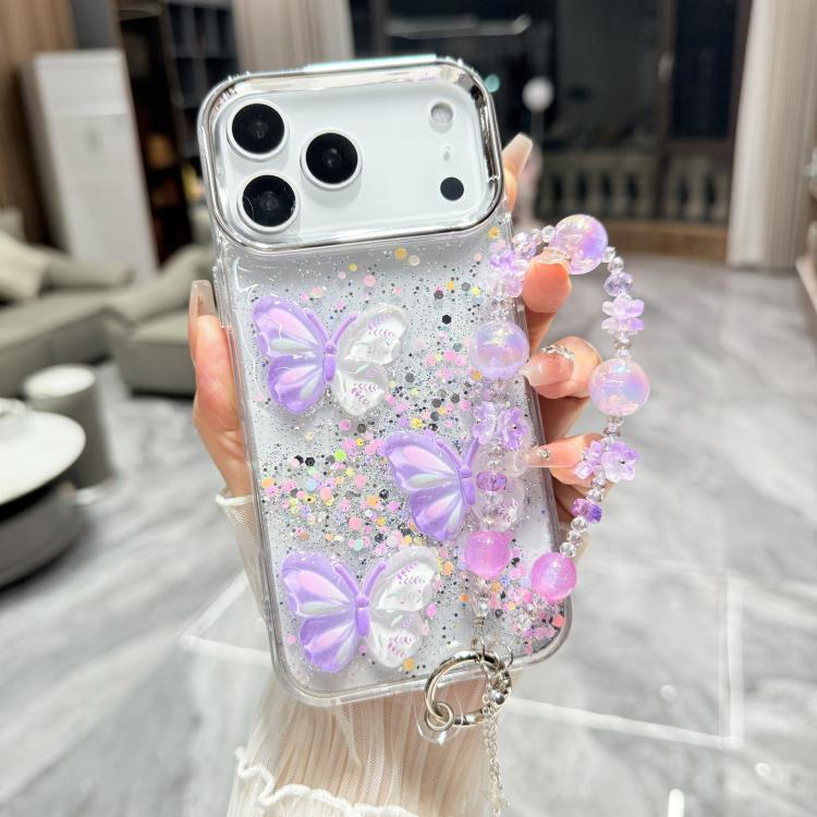 For iPhone 17 Pro Max Glitter 3D Color Butterfly Epoxy TPU Phone Case with Bracelet Chain(Purple)