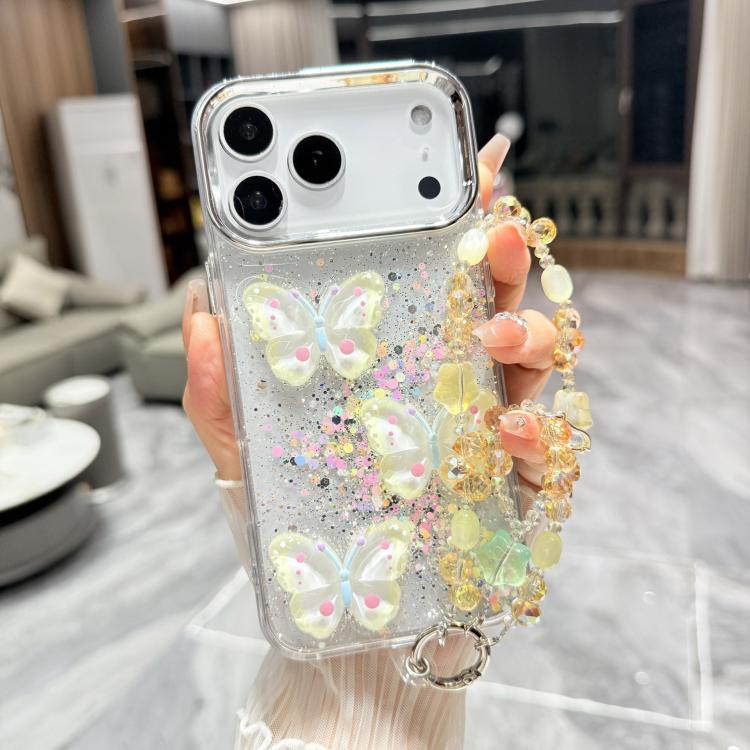 For iPhone 17 Pro Max Glitter 3D Color Butterfly Epoxy TPU Phone Case with Bracelet Chain(Yellow)