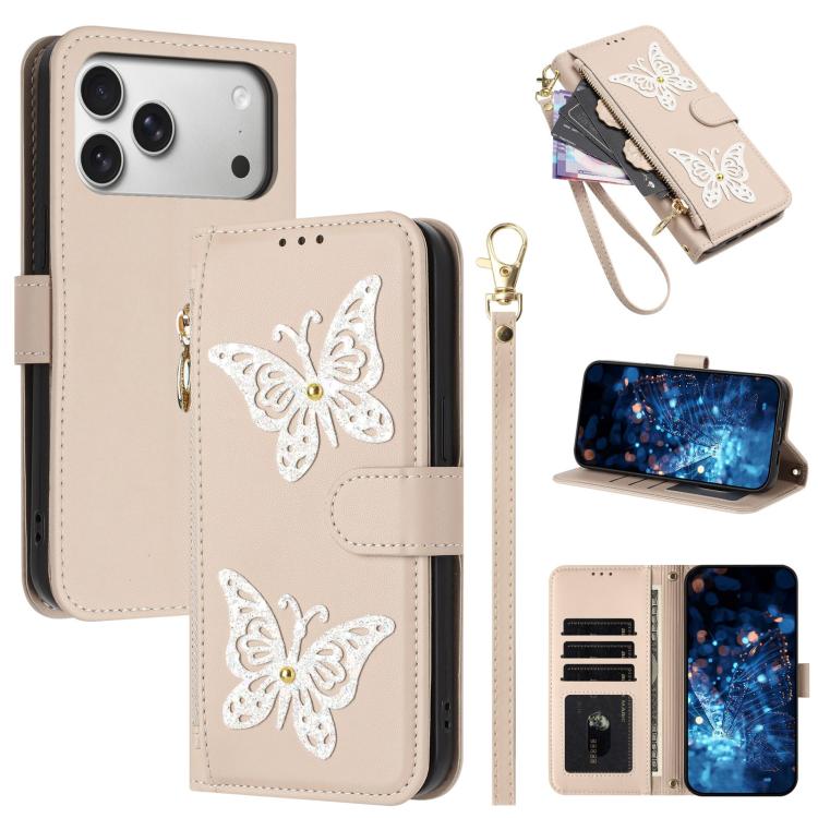 For iPhone 17 Pro Max Glitter Butterfly Zipper Vegan Leather Phone Case with Wrist Strap(Apricot)