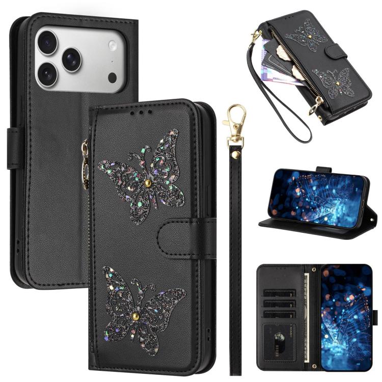 For iPhone 17 Pro Max Glitter Butterfly Zipper Vegan Leather Phone Case with Wrist Strap(Black)