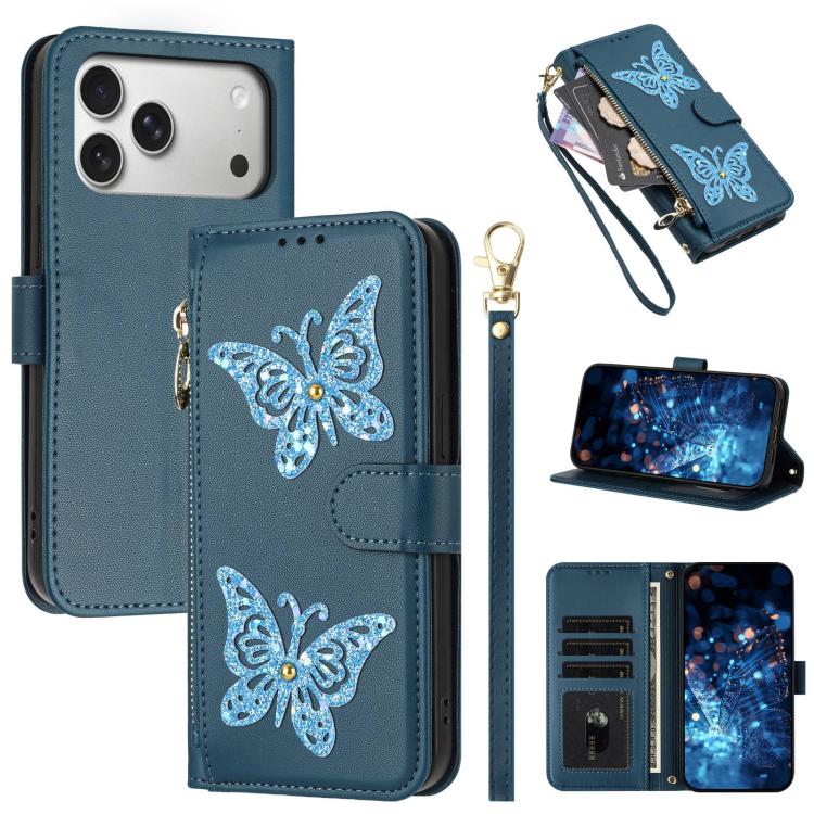For iPhone 17 Pro Max Glitter Butterfly Zipper Vegan Leather Phone Case with Wrist Strap(Blue)