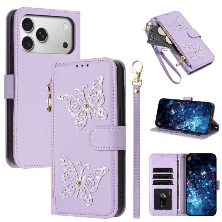 For iPhone 17 Pro Max Glitter Butterfly Zipper Vegan Leather Phone Case with Wrist Strap(Purple)