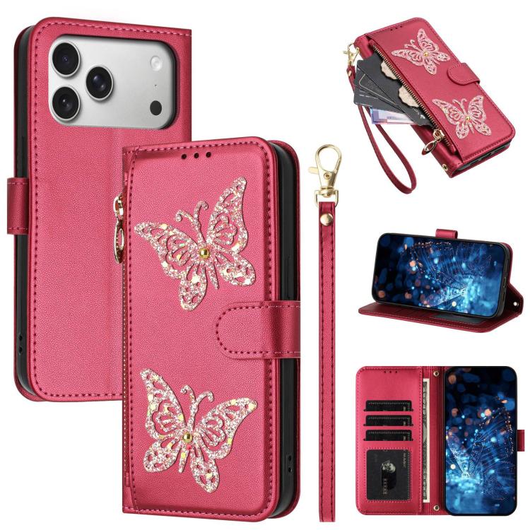 For iPhone 17 Pro Max Glitter Butterfly Zipper Vegan Leather Phone Case with Wrist Strap(Rose Red)