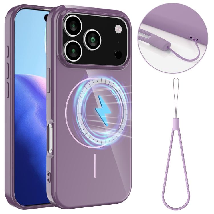 For iPhone 17 Pro Max Glossy TPU Shockproof MagSafe Phone Case with Lanyard(Purple)