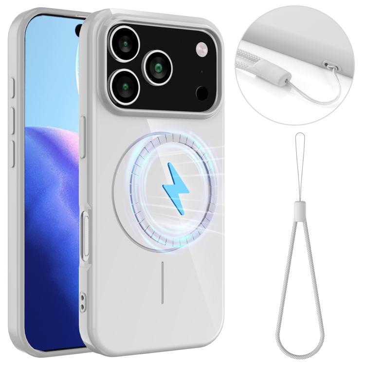 For iPhone 17 Pro Max Glossy TPU Shockproof MagSafe Phone Case with Lanyard(White)