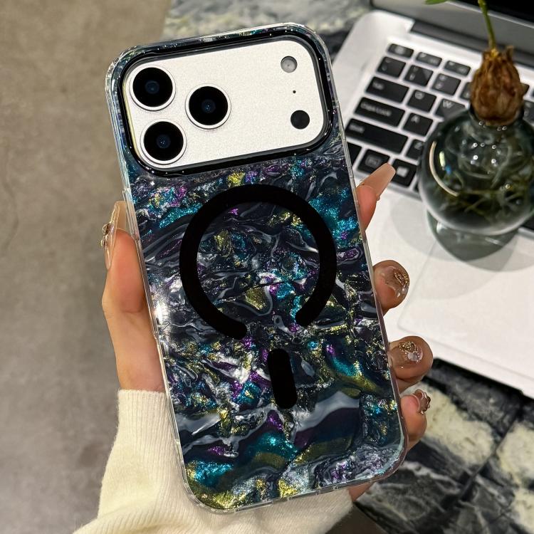 For iPhone 17 Pro Max Gold-plated Shell Texture Magnetic Phone Case(Black)