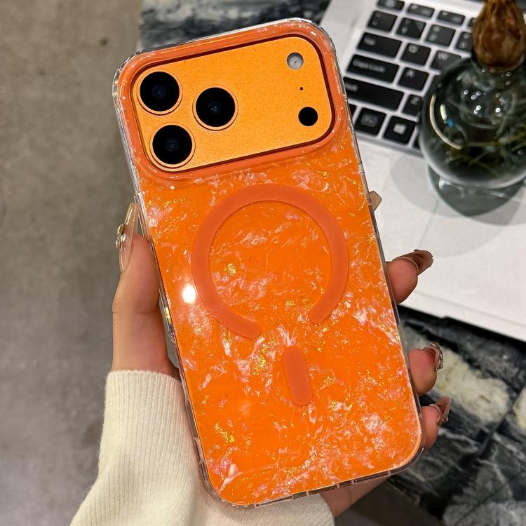 For iPhone 17 Pro Max Gold-plated Shell Texture Magnetic Phone Case(Orange)