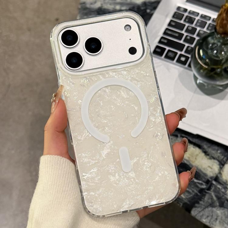 For iPhone 17 Pro Max Gold-plated Shell Texture Magnetic Phone Case(White)