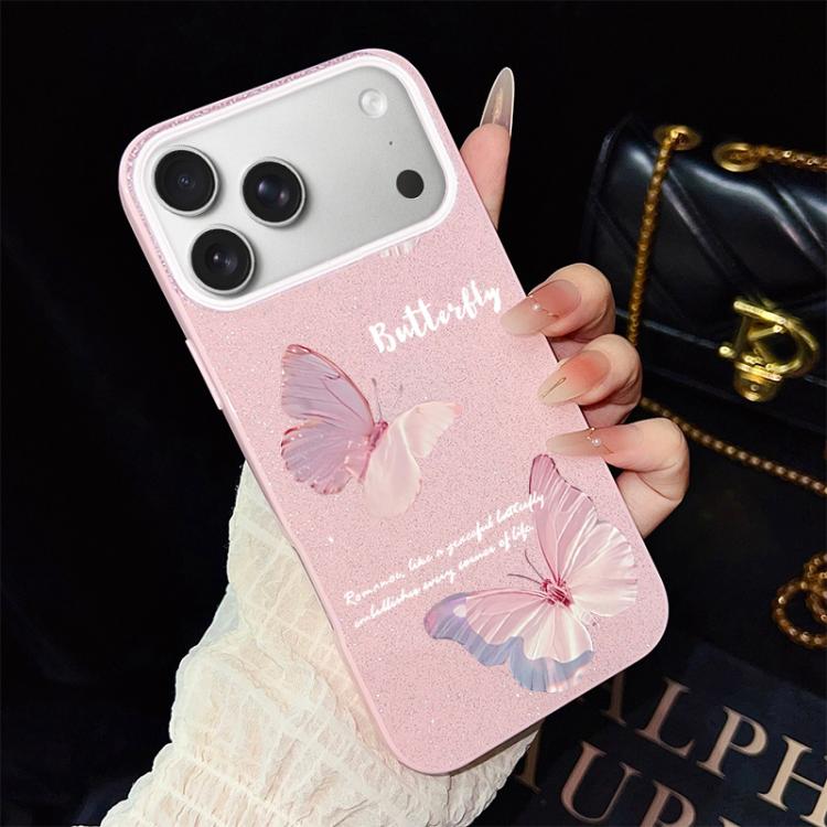 For iPhone 17 Pro Max Gradient Butterflies Pattern IMD Glitter PC Hybrid TPU Phone Case(Pink)