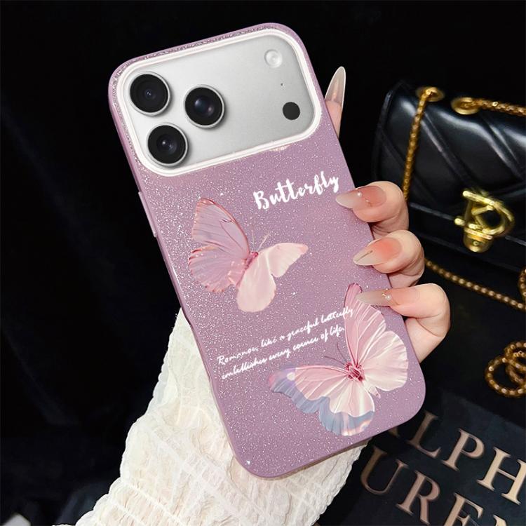 For iPhone 17 Pro Max Gradient Butterflies Pattern IMD Glitter PC Hybrid TPU Phone Case(Purple)