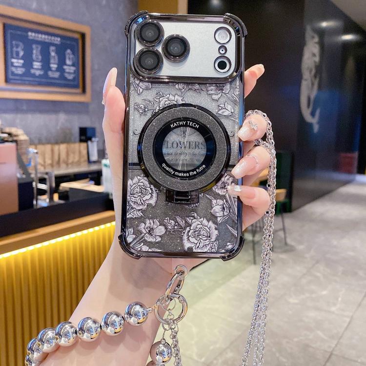 For iPhone 17 Pro Max Gradient Glitter Flowers Electroplated Phone Case with Beaded Strap and Long Chain(Black)