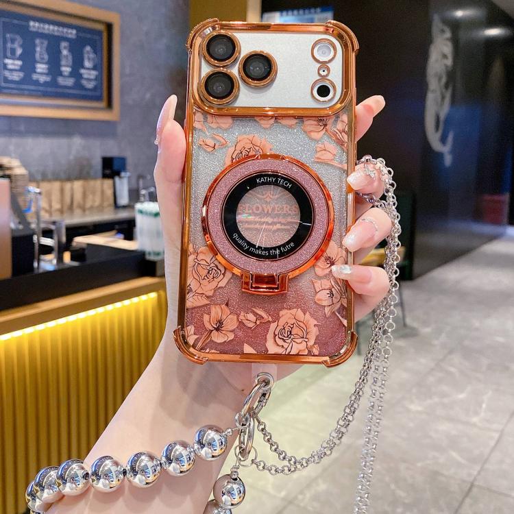 For iPhone 17 Pro Max Gradient Glitter Flowers Electroplated Phone Case with Beaded Strap and Long Chain(Orange)