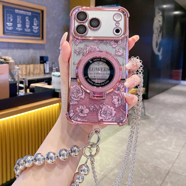 For iPhone 17 Pro Max Gradient Glitter Flowers Electroplated Phone Case with Beaded Strap and Long Chain(Pink)