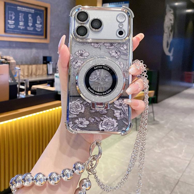 For iPhone 17 Pro Max Gradient Glitter Flowers Electroplated Phone Case with Beaded Strap and Long Chain(Silver)