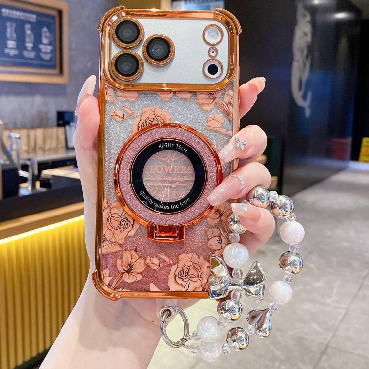 For iPhone 17 Pro Max Gradient Glitter Flowers Electroplated Phone Case with Wrist Strap(Orange)
