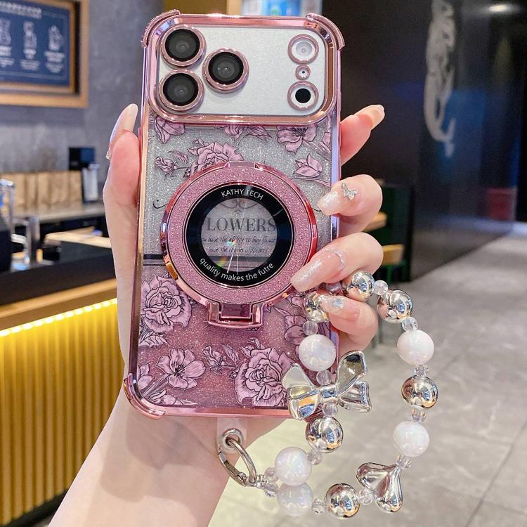 For iPhone 17 Pro Max Gradient Glitter Flowers Electroplated Phone Case with Wrist Strap(Pink)