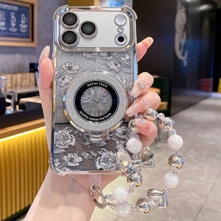 For iPhone 17 Pro Max Gradient Glitter Flowers Electroplated Phone Case with Wrist Strap(Silver)