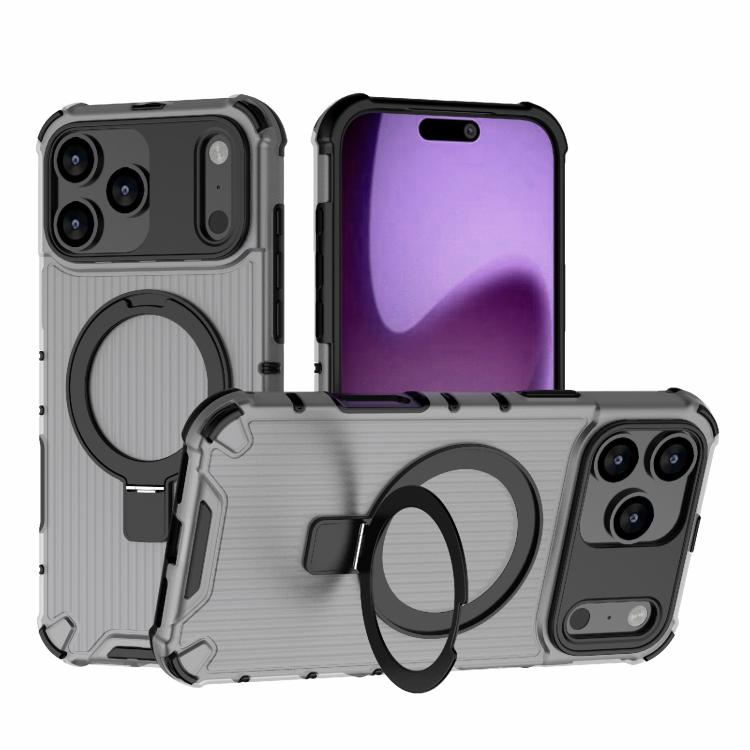 For iPhone 17 Pro Max Grating Holder Shockproof Phone Case(Transparent Black)