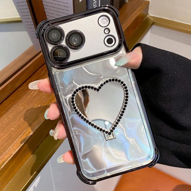 For iPhone 17 Pro Max Heart-shaped Mirror Electroplated TPU + Acrylic Phone Case with Holder(Black)