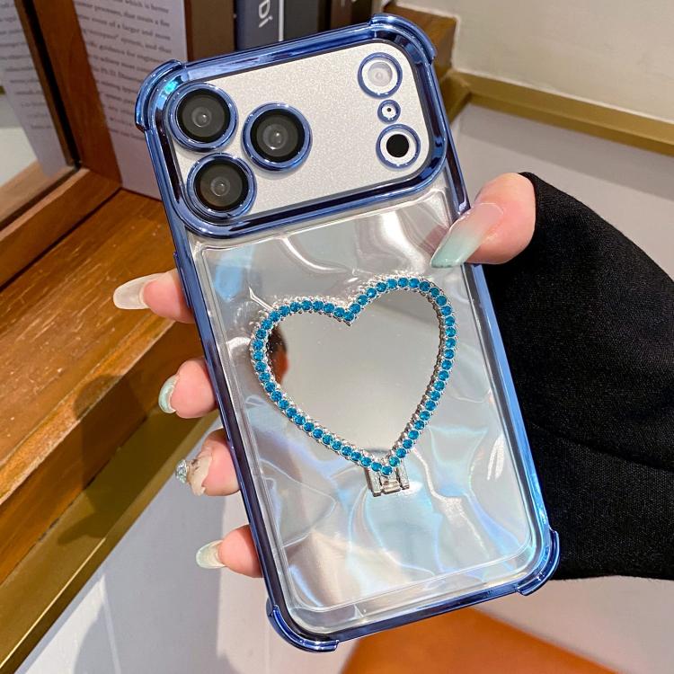 For iPhone 17 Pro Max Heart-shaped Mirror Electroplated TPU + Acrylic Phone Case with Holder(Blue)