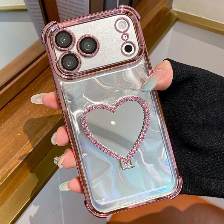 For iPhone 17 Pro Max Heart-shaped Mirror Electroplated TPU + Acrylic Phone Case with Holder(Pink)