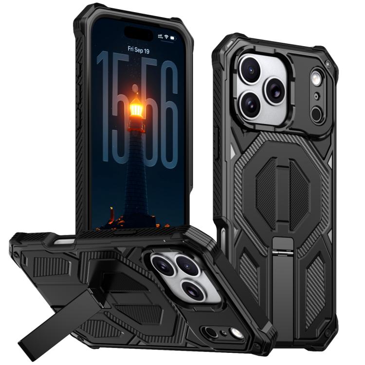 For iPhone 17 Pro Max Hidden Metal Holder Magnetic Shockproof Phone Case(Black)