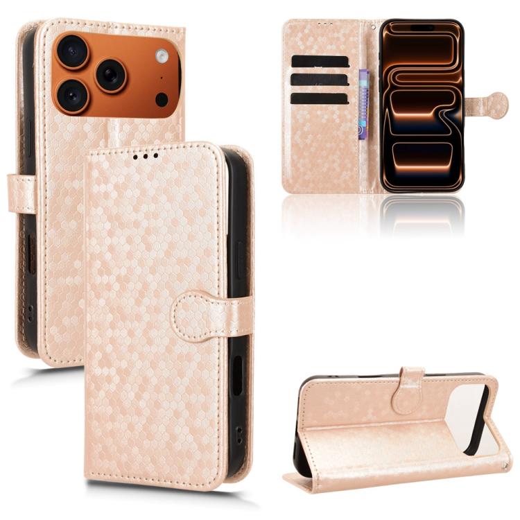 For iPhone 17 Pro Max Honeycomb Dot Texture Leather Phone Case(Gold)