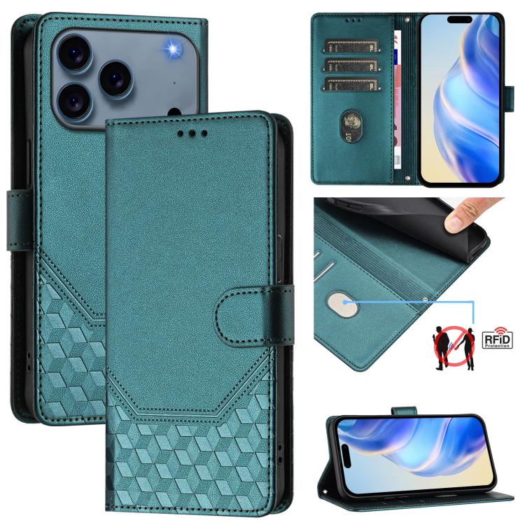 For iPhone 17 Pro Max Honeycomb Embossing RFID Leather Phone Case(Peacock Green)