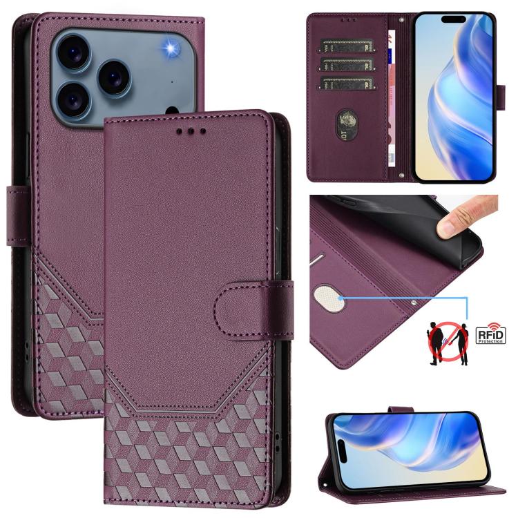 For iPhone 17 Pro Max Honeycomb Embossing RFID Leather Phone Case(Violet)