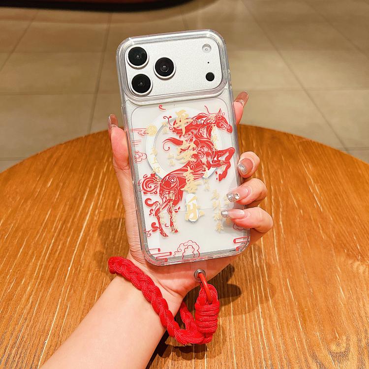 For iPhone 17 Pro Max Horse Year Acrylic Magnetic Full Coverage Phone Case with Lanyard(Peace and Joy)