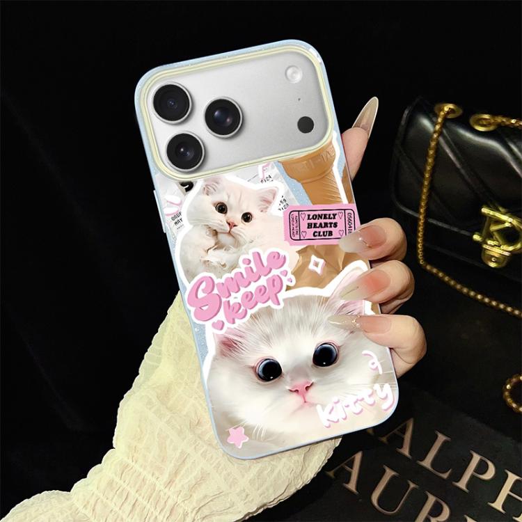 For iPhone 17 Pro Max Ice Cream Cats Pattern IMD Glitter PC Hybrid TPU Phone Case(Blue)
