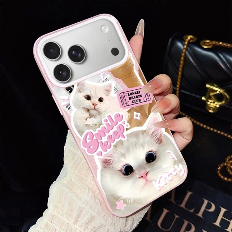 For iPhone 17 Pro Max Ice Cream Cats Pattern IMD Glitter PC Hybrid TPU Phone Case(Pink)