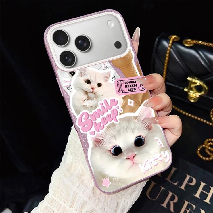 For iPhone 17 Pro Max Ice Cream Cats Pattern IMD Glitter PC Hybrid TPU Phone Case(Purple)