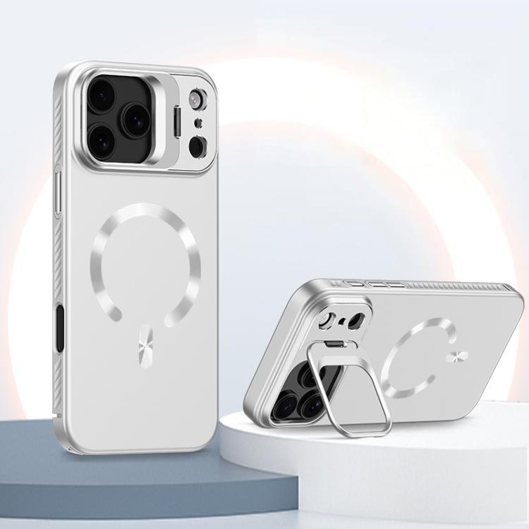 For iPhone 17 Pro Max Ice Crystal Solid Color U-Shaped Magnetic Invisible Lens Holder Frosted Phone Case(Silver)