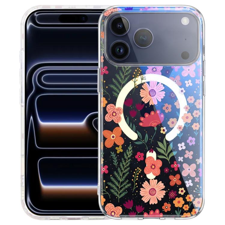 For iPhone 17 Pro Max IMD Blue Light Jungle Series Magnetic Phone Case(Flower)