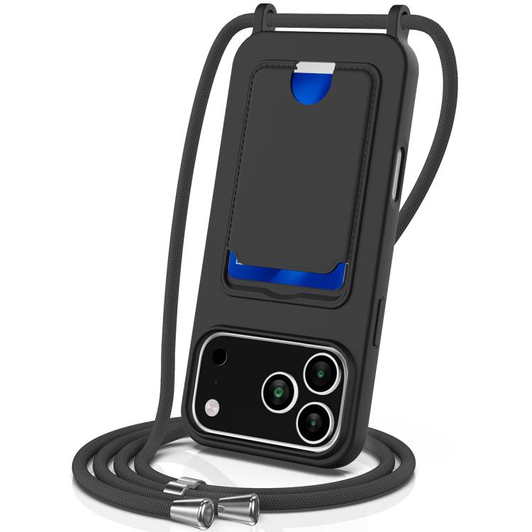 For iPhone 17 Pro Max Integrated Card Bag Solid Color Liquid Silicone Phone Case with Lanyard(Black)