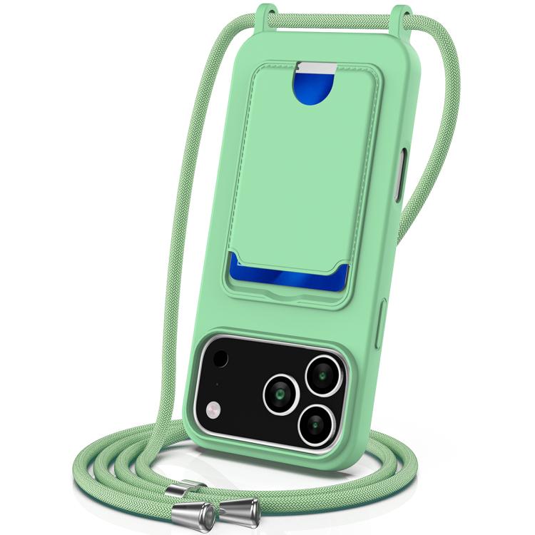For iPhone 17 Pro Max Integrated Card Bag Solid Color Liquid Silicone Phone Case with Lanyard(Green)