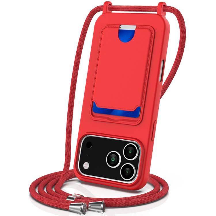 For iPhone 17 Pro Max Integrated Card Bag Solid Color Liquid Silicone Phone Case with Lanyard(Red)