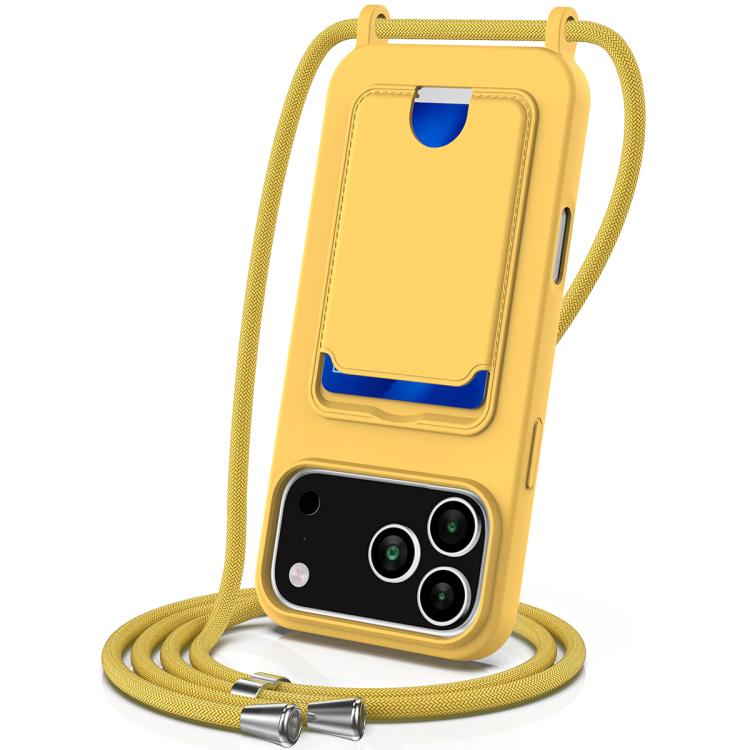 For iPhone 17 Pro Max Integrated Card Bag Solid Color Liquid Silicone Phone Case with Lanyard(Yellow)